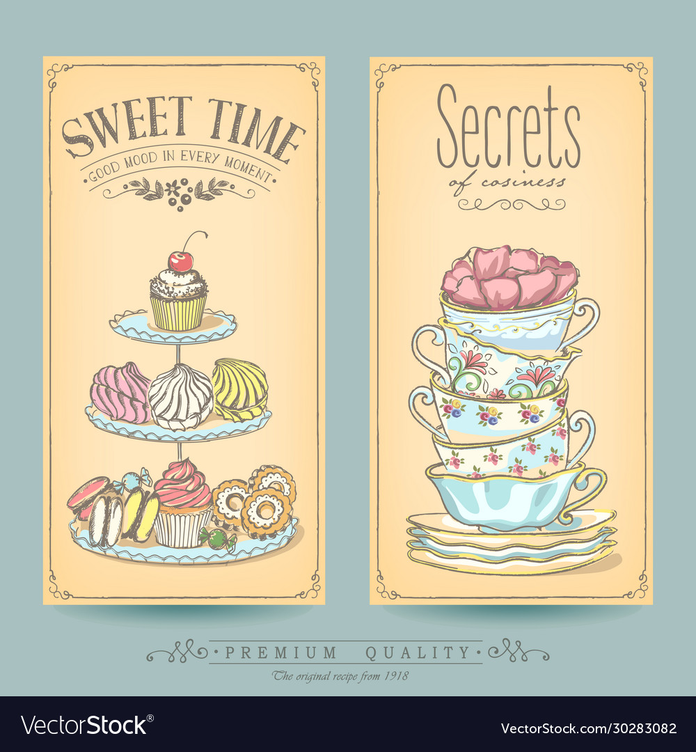 Card collection pastries and tea Royalty Free Vector Image