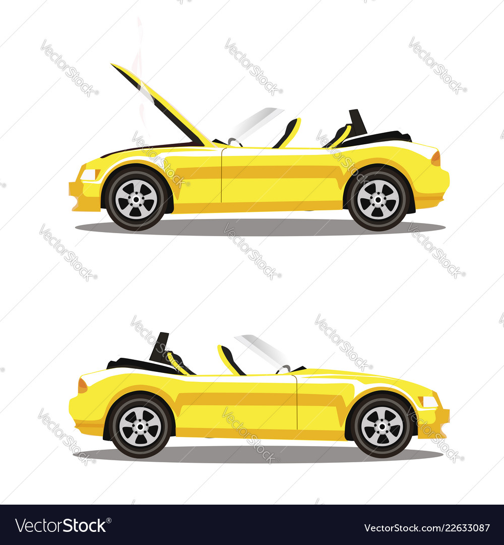 Set of broken cartoon yellow cabriolet sport car