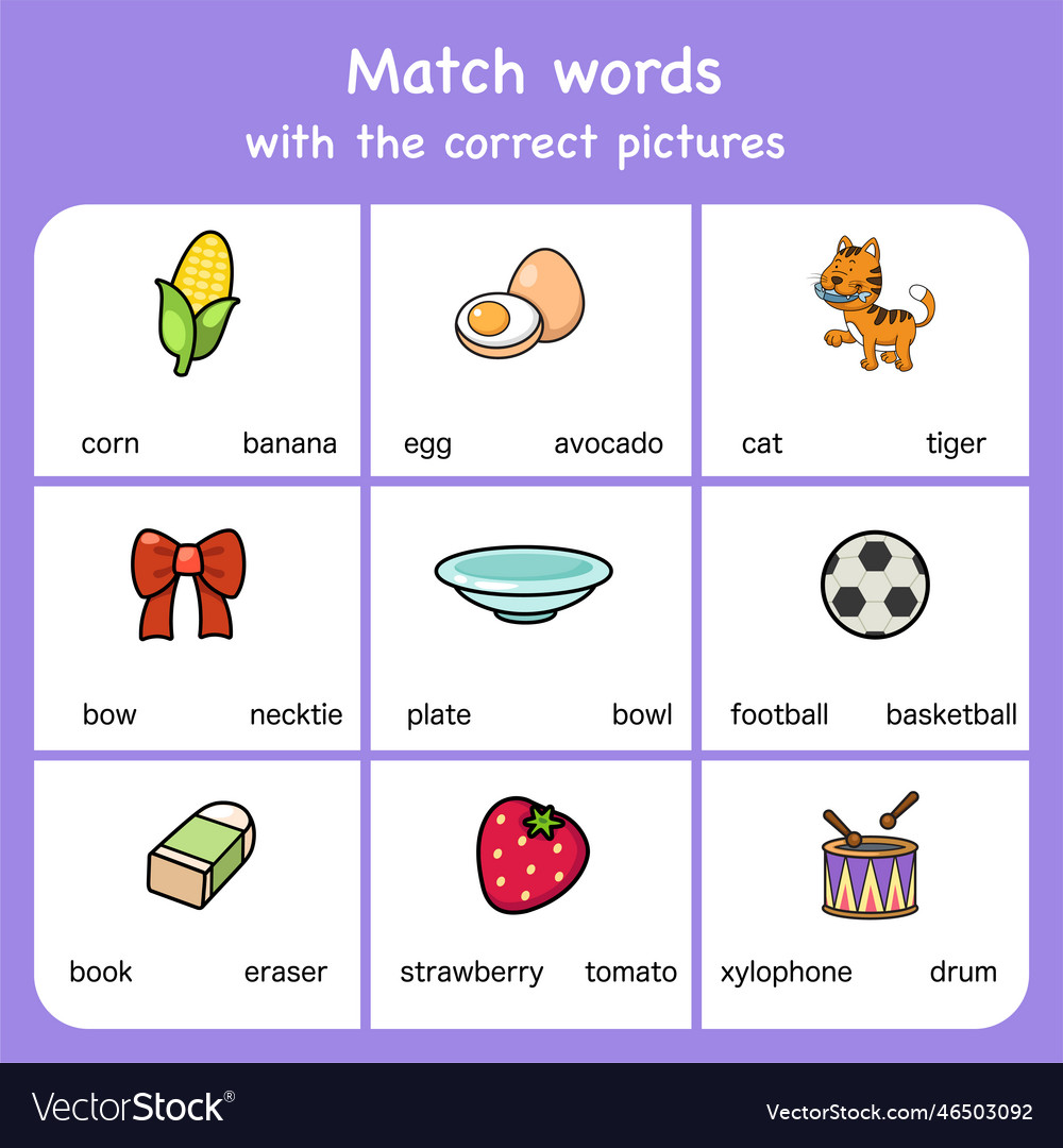 Match words with pictures educational worksheet Vector Image