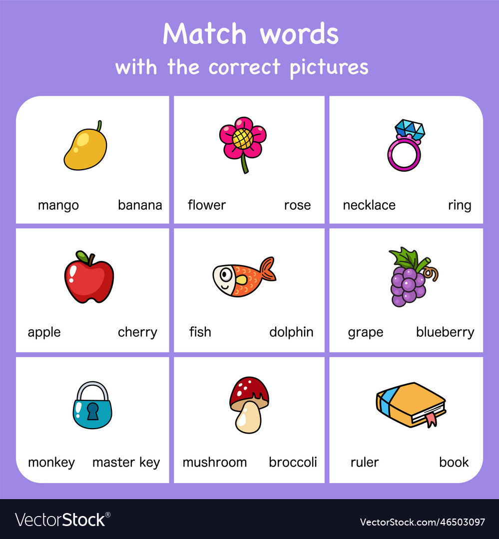 Match words with pictures educational worksheet Vector Image