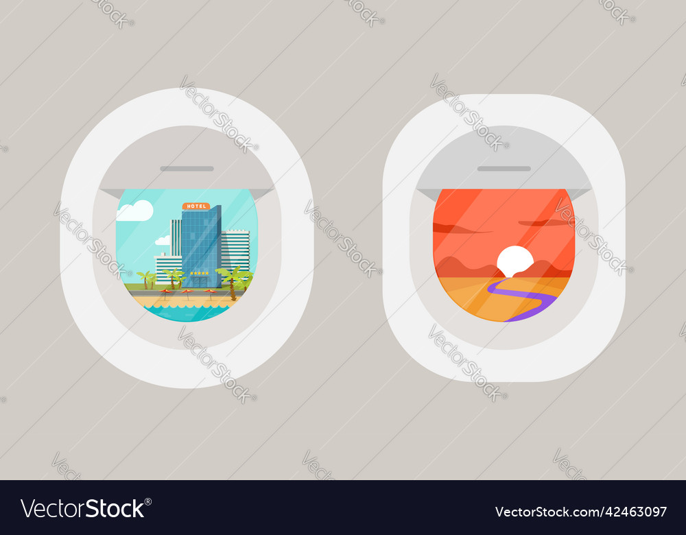Plane window view flat or airplane porthole vector image Plane window view flat or airplane porthole