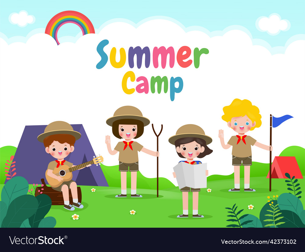 Summer camp kids wear scout honor uniform banner Vector Image