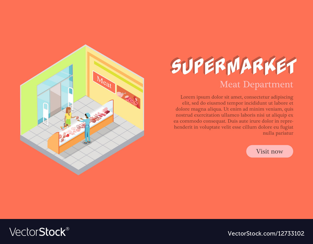 Supermarket meat department banner flat Royalty Free Vector