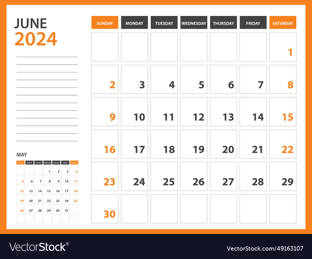 Monthly calendar template for 2024 year - june Vector Image