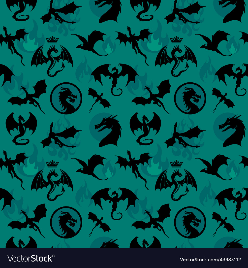 Seamless pattern made up of dragons wyverns fire