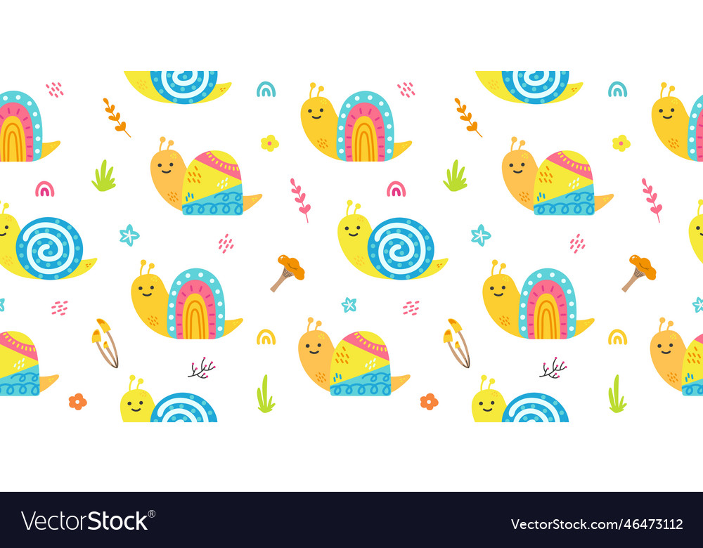 Seamless pattern with snails rainbow and flowers