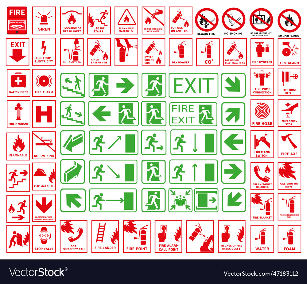 Set of emergency exit signs in case fire danger Vector Image