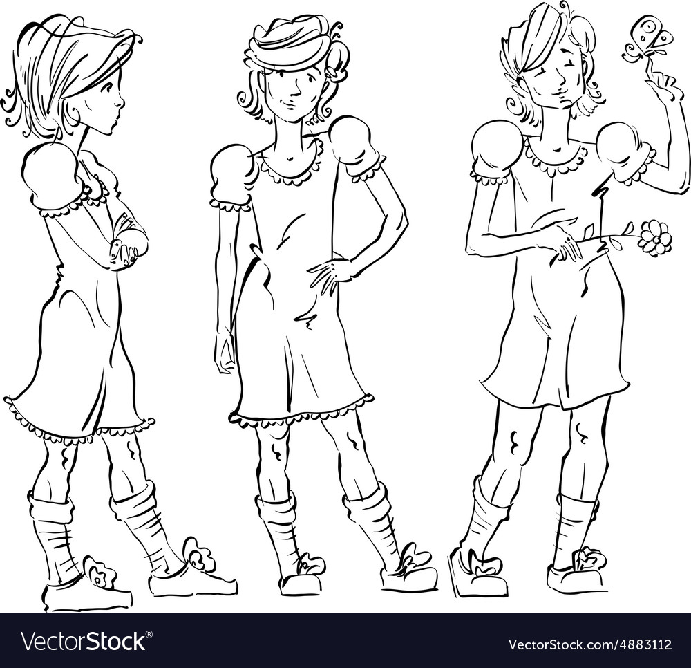 Set of full-length hand-drawn caucasian teens