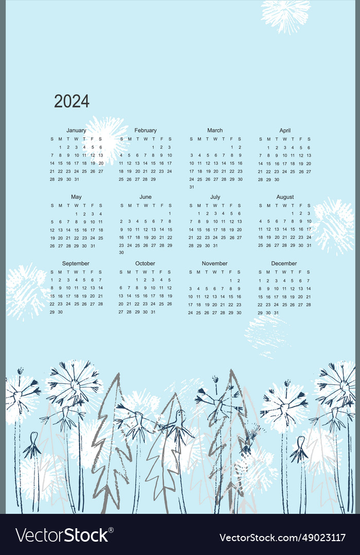 Calendar 2024 with hand drawn fluffy dandelion Vector Image