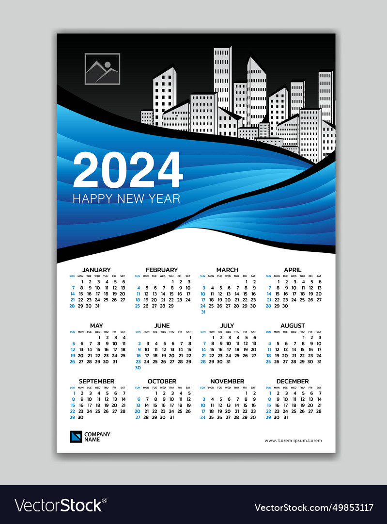 Wall calendar 2024 year blue wave template Vector Image