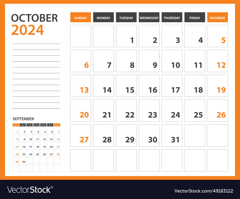 Monthly calendar template for 2024 year -october Vector Image