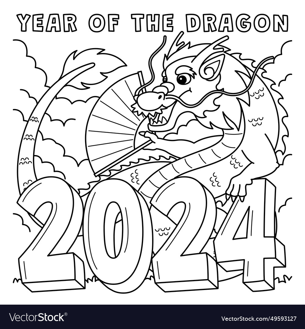 Year of the dragon 2024 coloring page for kids Vector Image