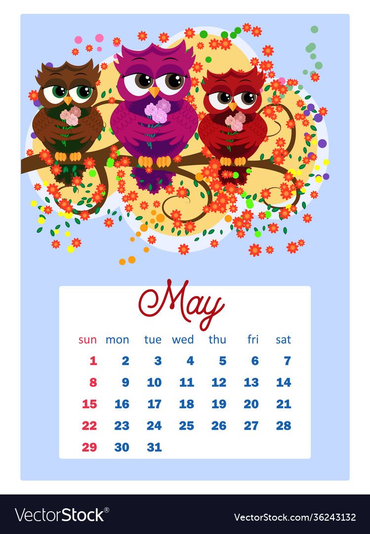 Calendar 2022 cute owls and birds for every month Vector Image