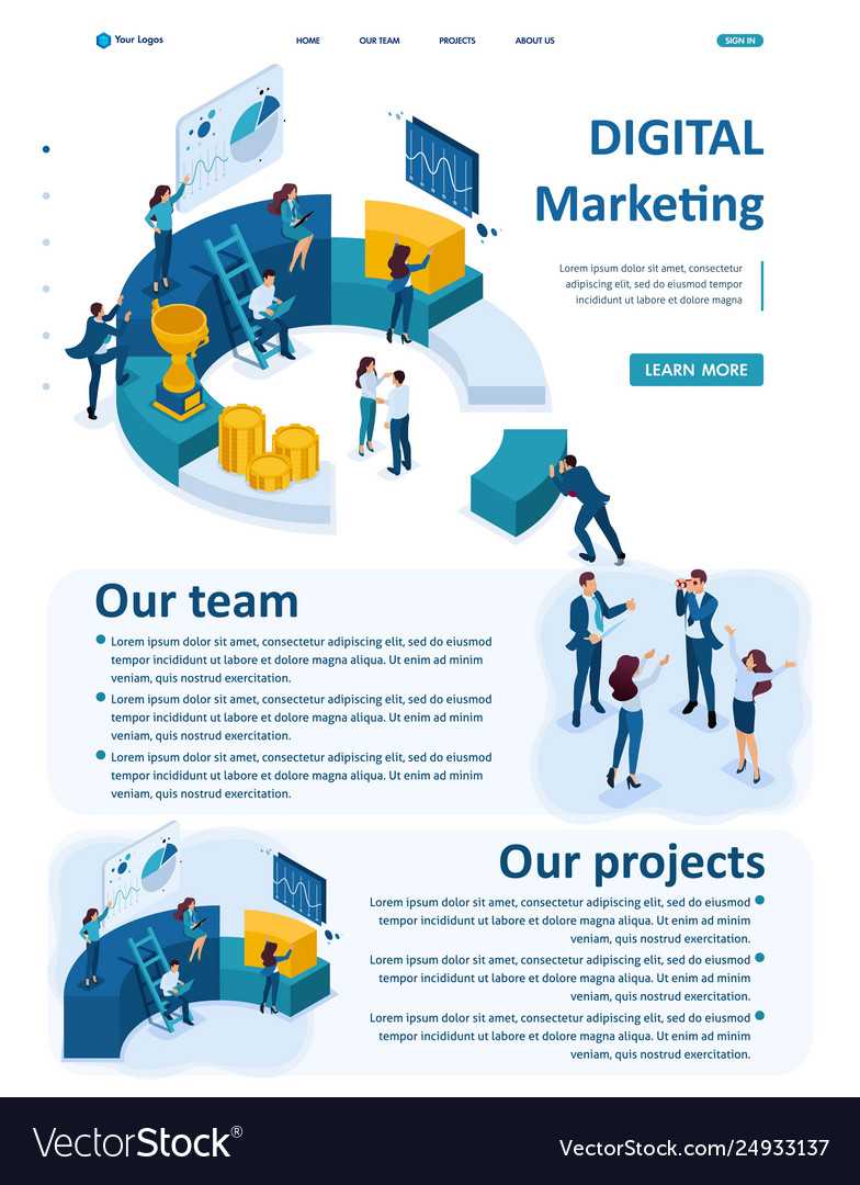 Isometric businessmen make a digital marketing