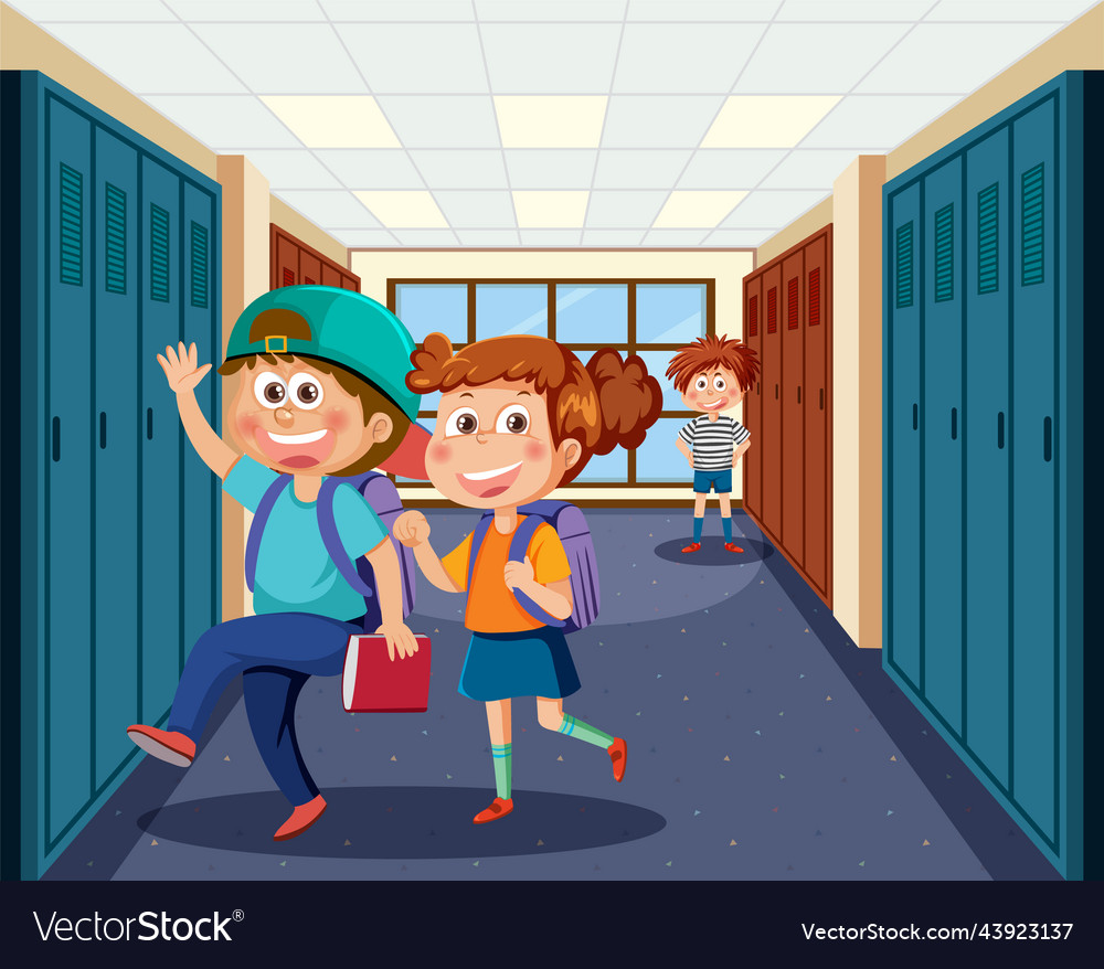 Locker room scene with school kids Royalty Free Vector Image