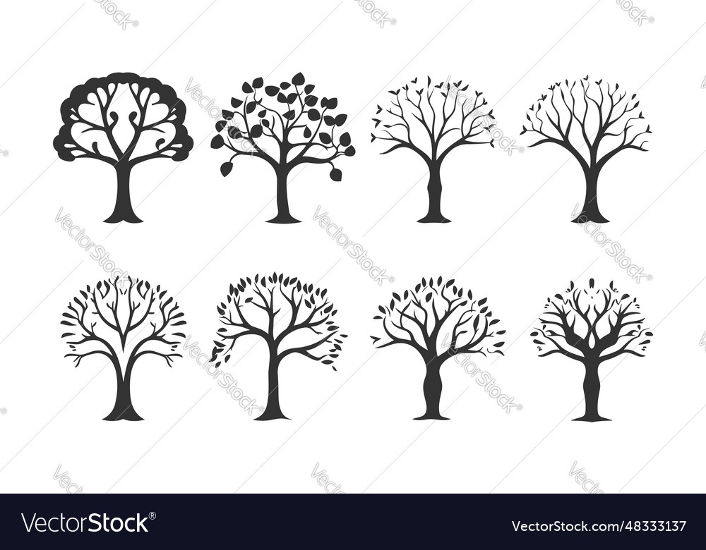 Set von schwarzen Baum Silhouetten isoliert auf weiß