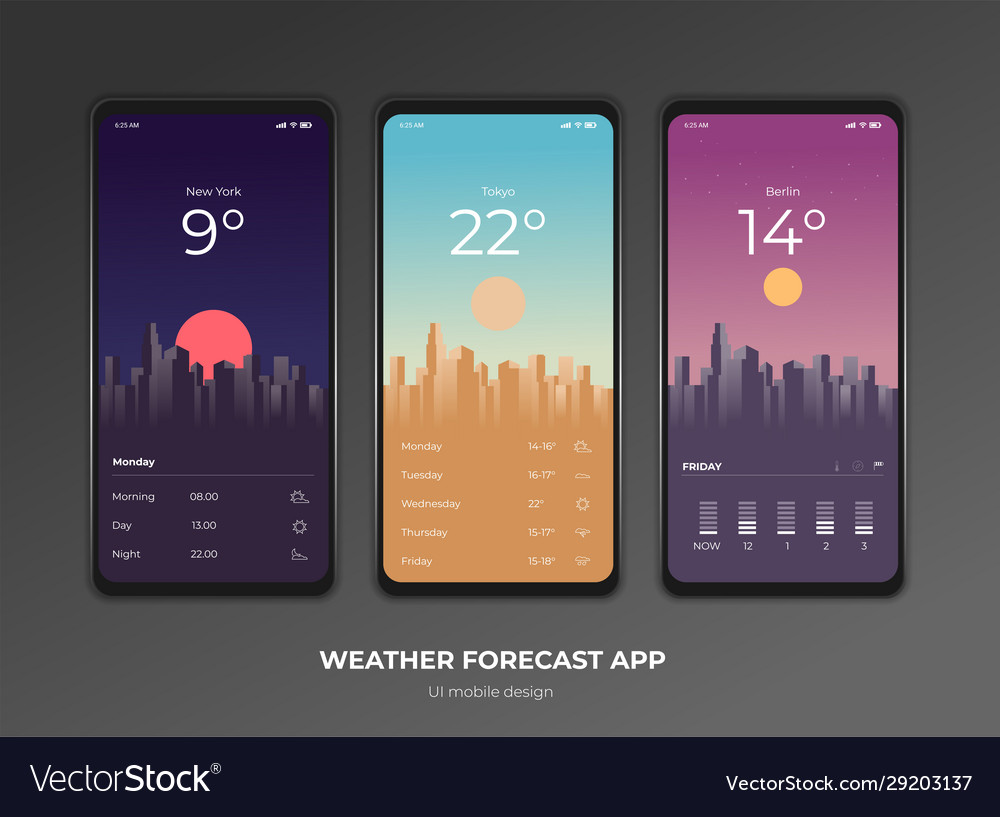 Weather forecast app ux ui design mockup Vector Image