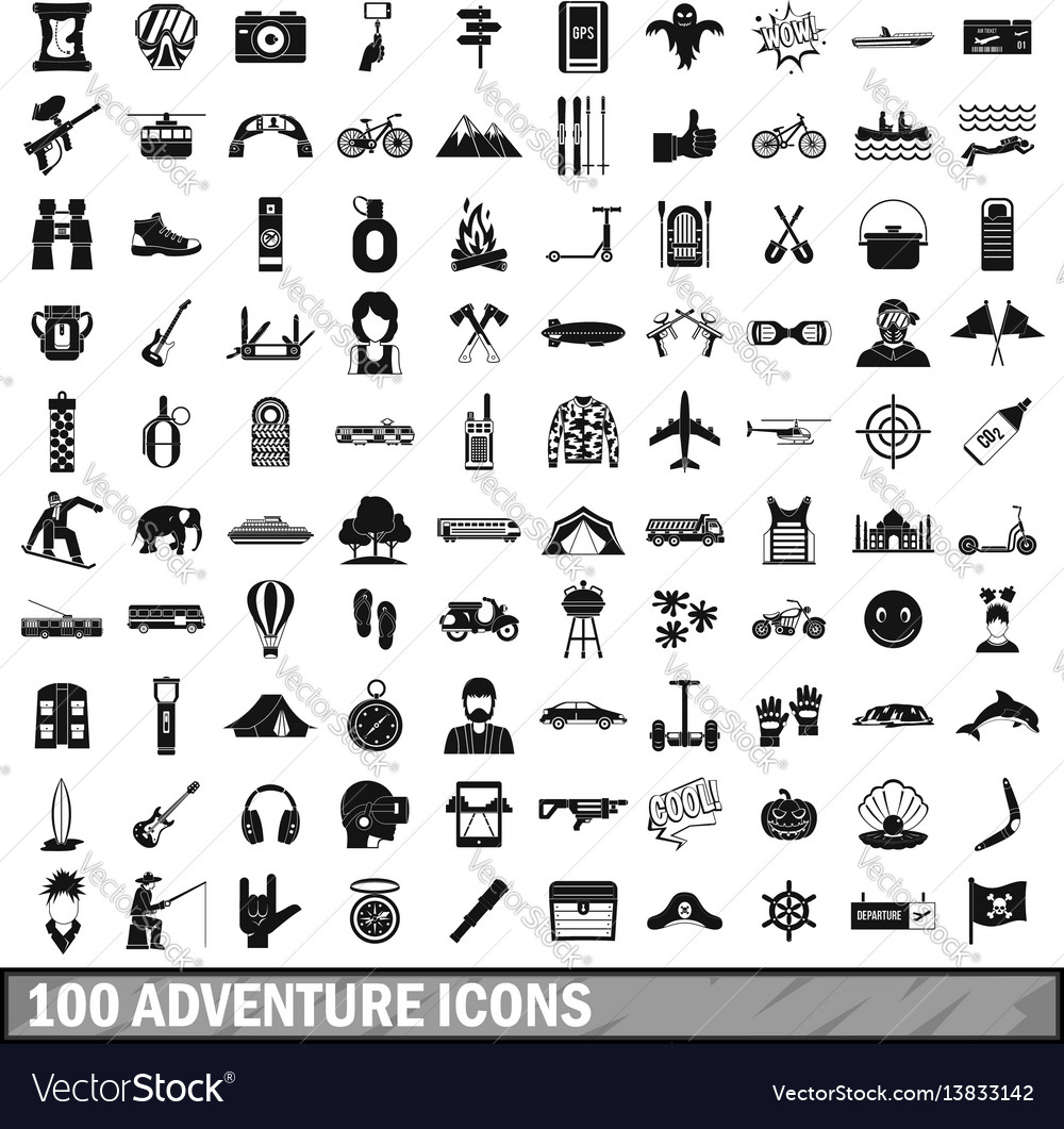100 adventure icons set simple style Royalty Free Vector