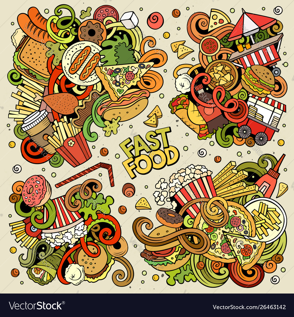 Colorful doodles cartoon set fastfood Royalty Free Vector