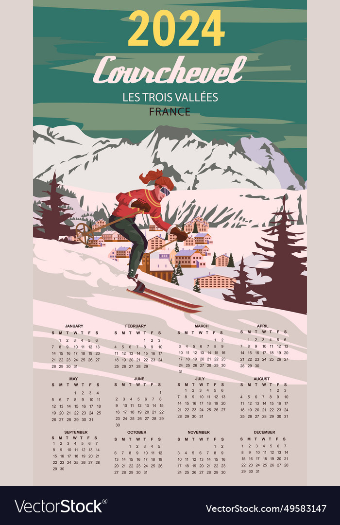 Calendar 2024 ski courchevel resort vintage wall Vector Image