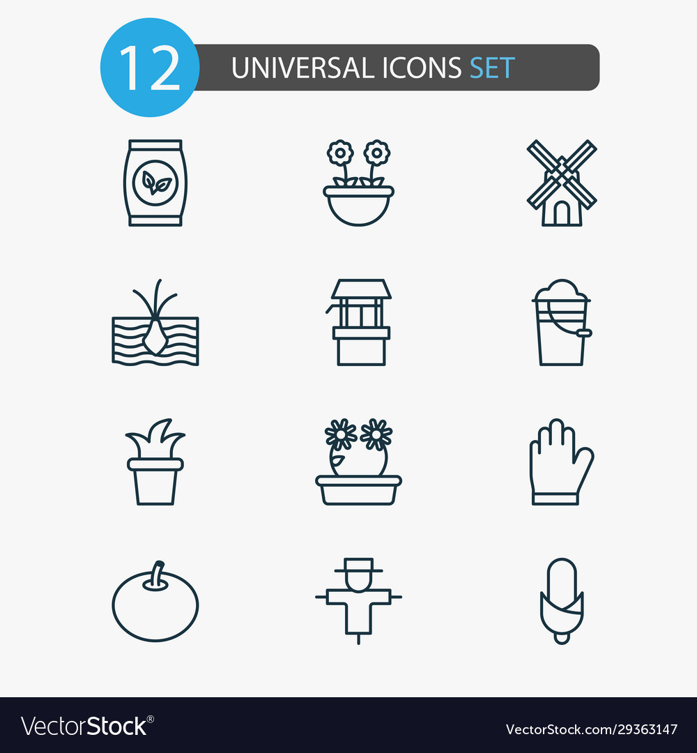 Garden icons set with windmill flowerpot corn