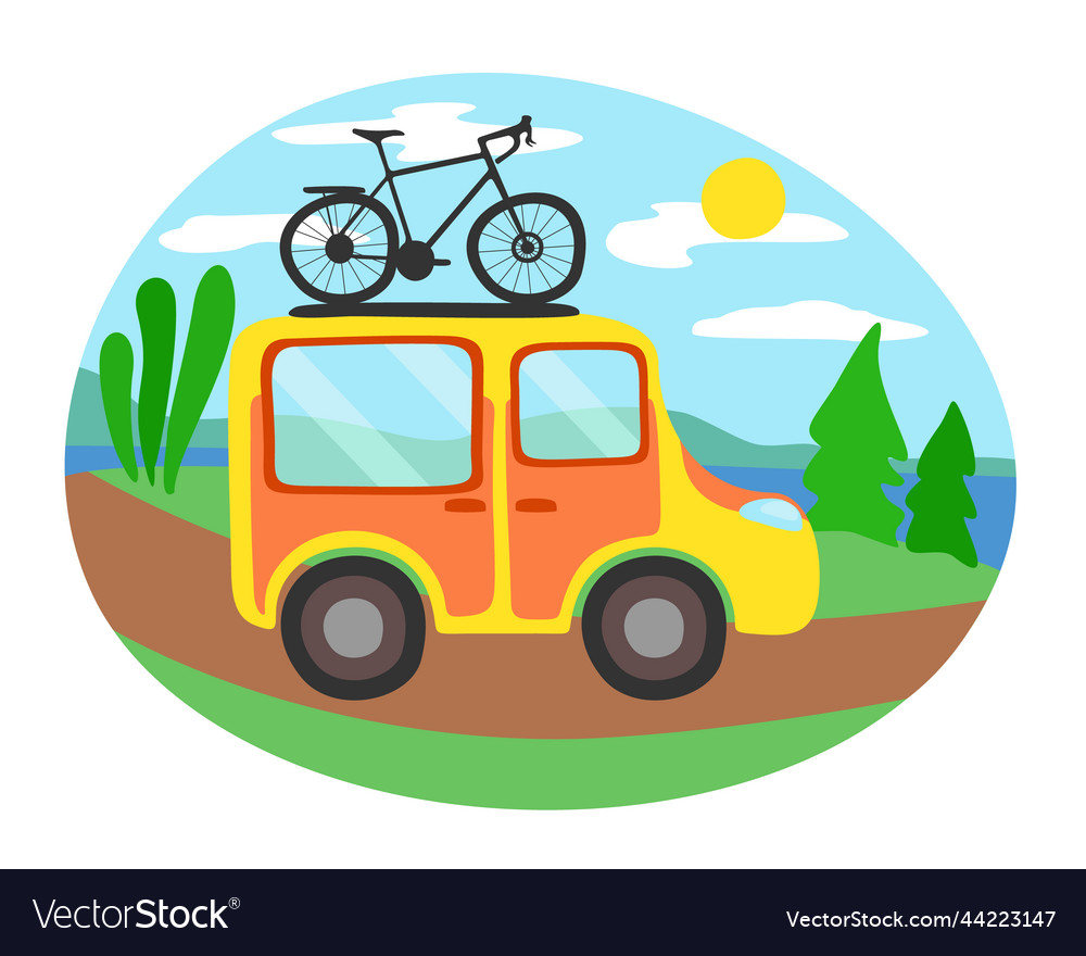 Travel minivan with bicycle on the top isolated