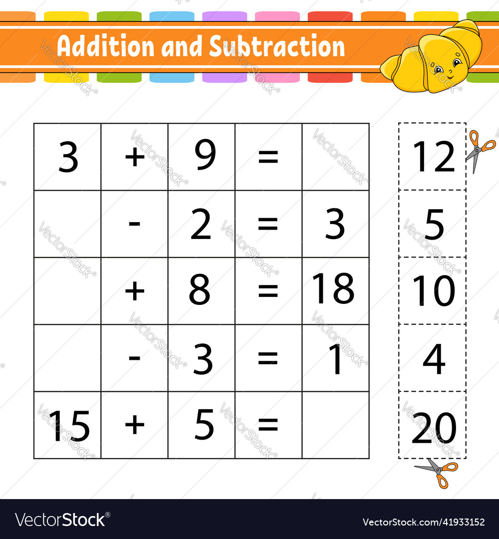 Addition and subtraction task for kids cut Vector Image