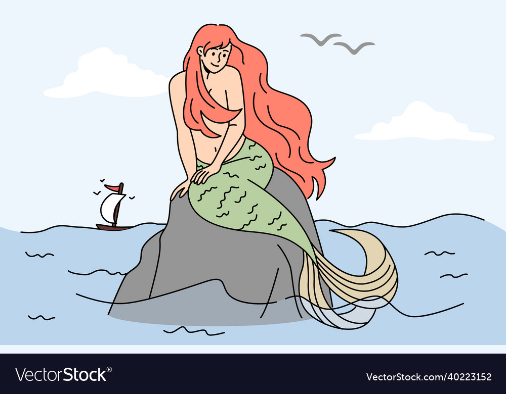 Beautiful mermaid sit on stone in open ocean Vector Image