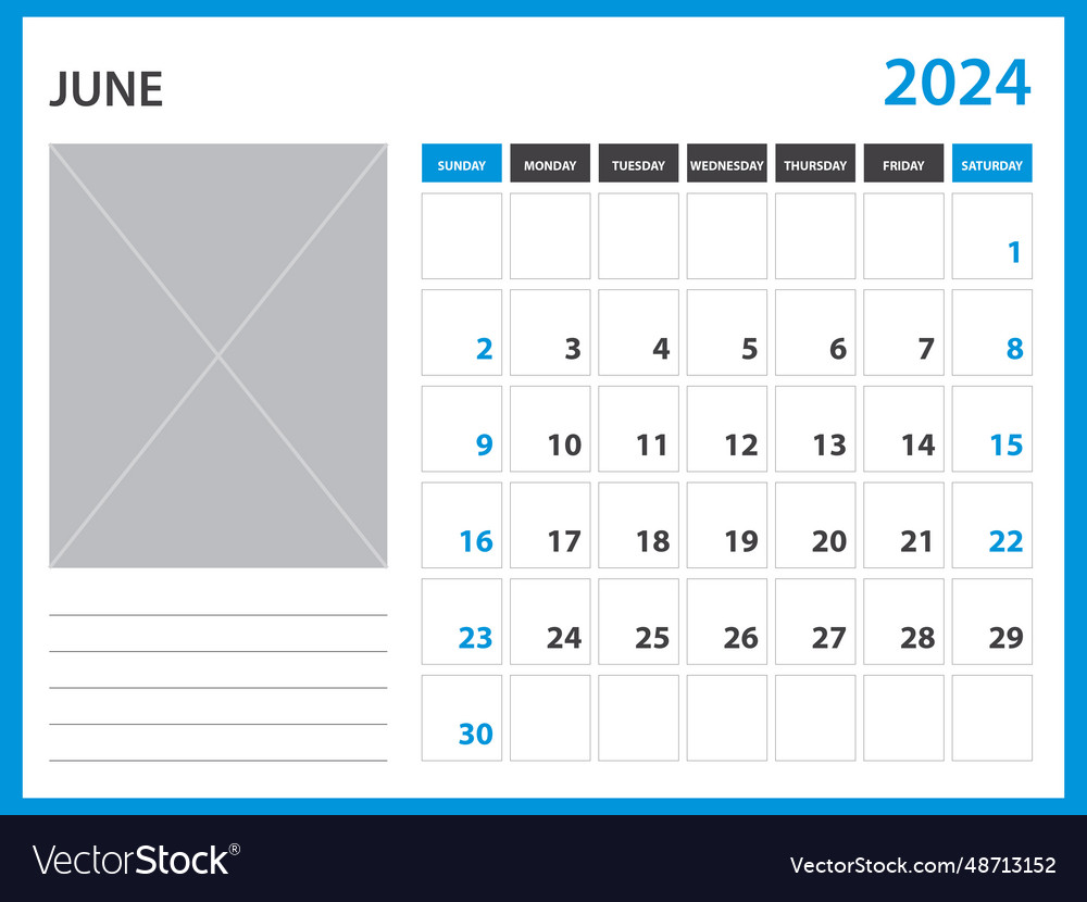 Calendar 2024 year template - june week Royalty Free Vector