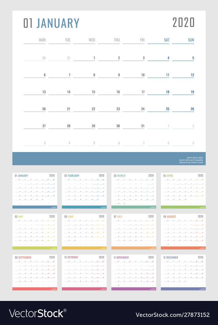 Calendar for 2020 starts monday Royalty Free Vector Image