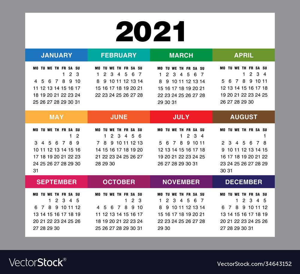 Calendar for 2021 year week starts monday Vector Image