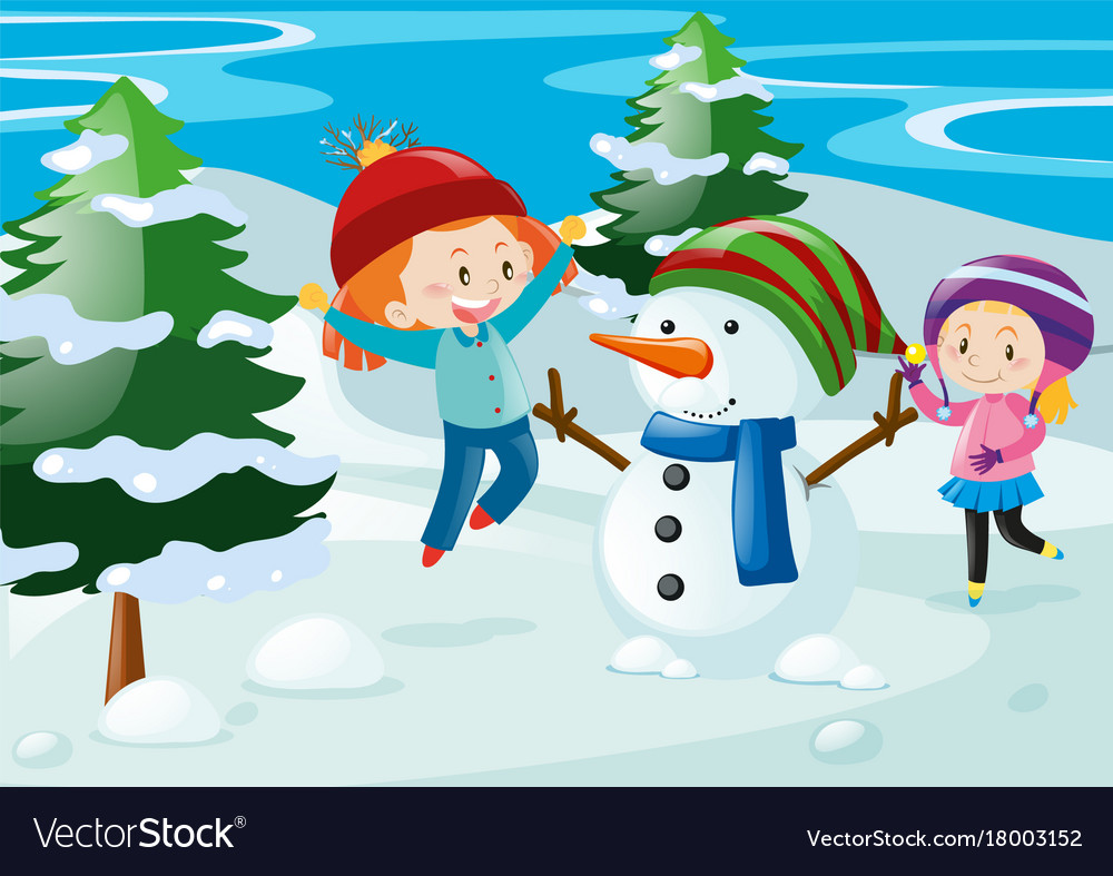 Scene with kids and snowman Royalty Free Vector Image