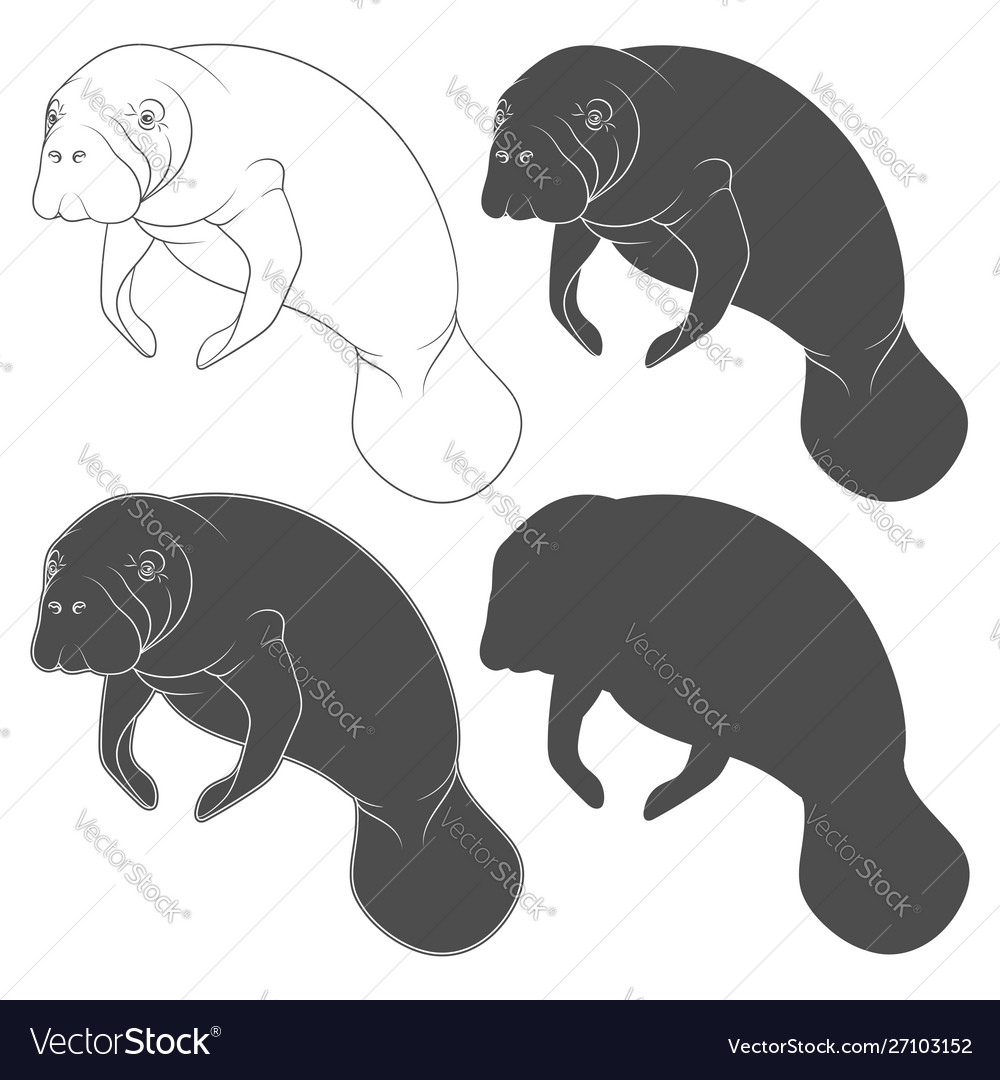 Set black and white with manatee Royalty Free Vector Image