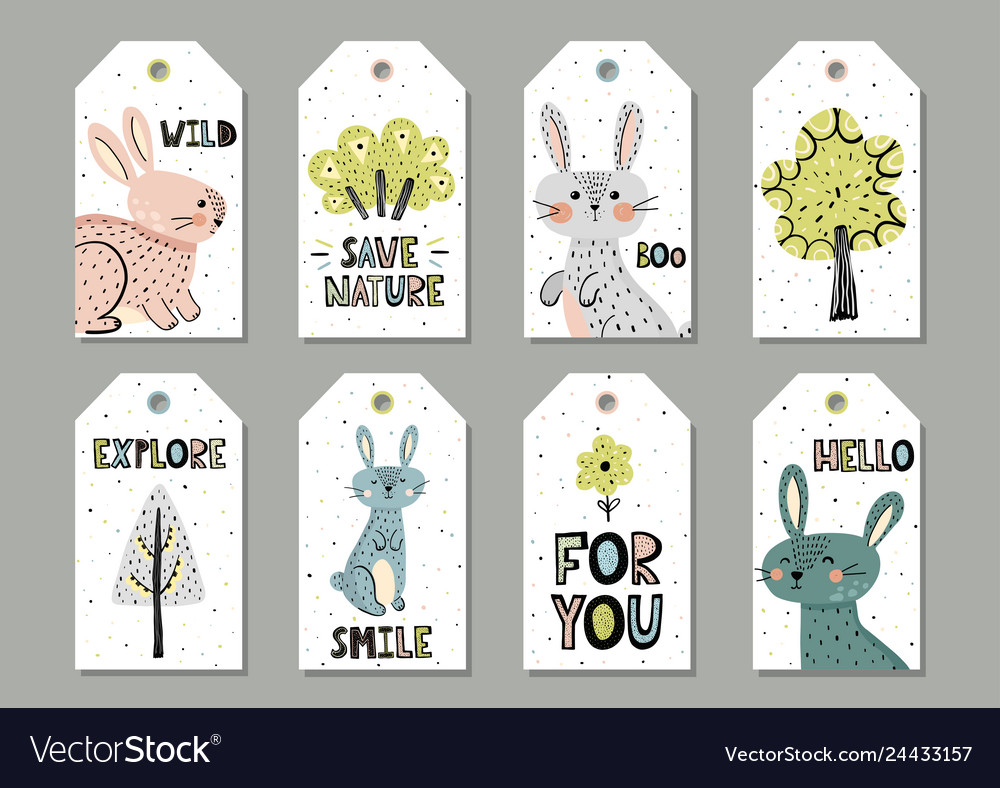 Cute rabbits gift tags set in scandinavian Vector Image