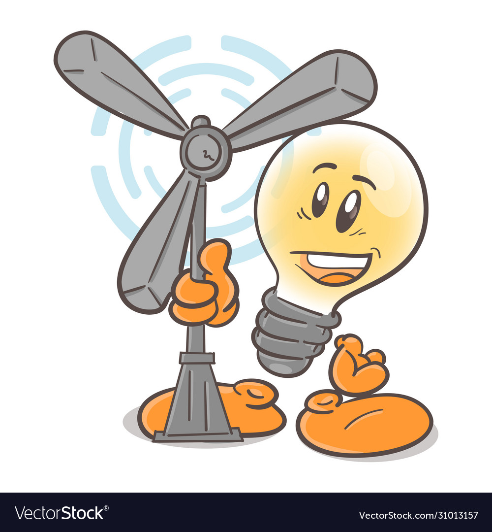 Funny character cartoon lightbulb wind turbine