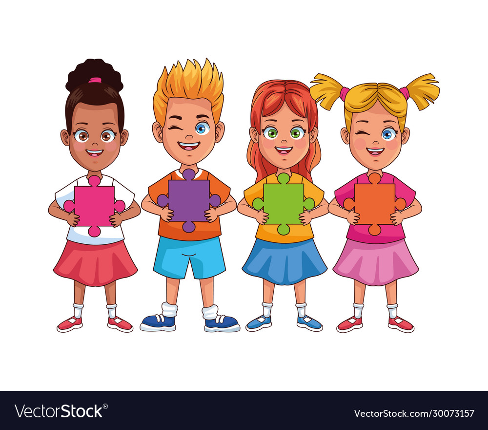 Happy interracial kids with puzzle pieces Vector Image