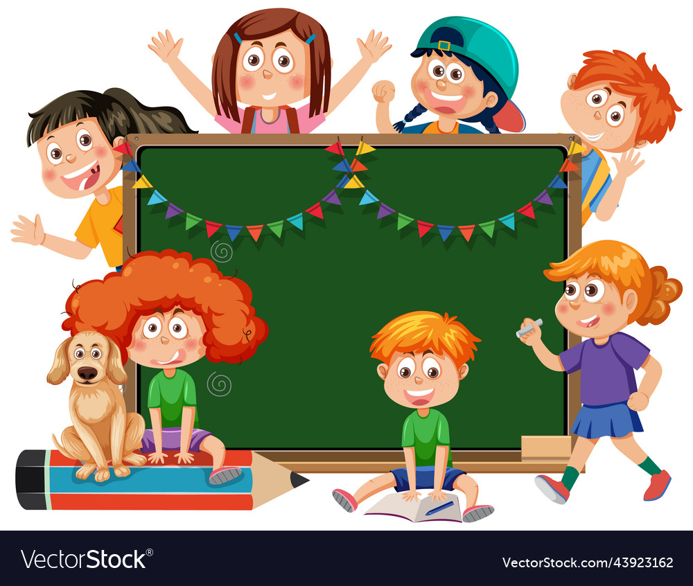 Chalkboard with school kids template Royalty Free Vector