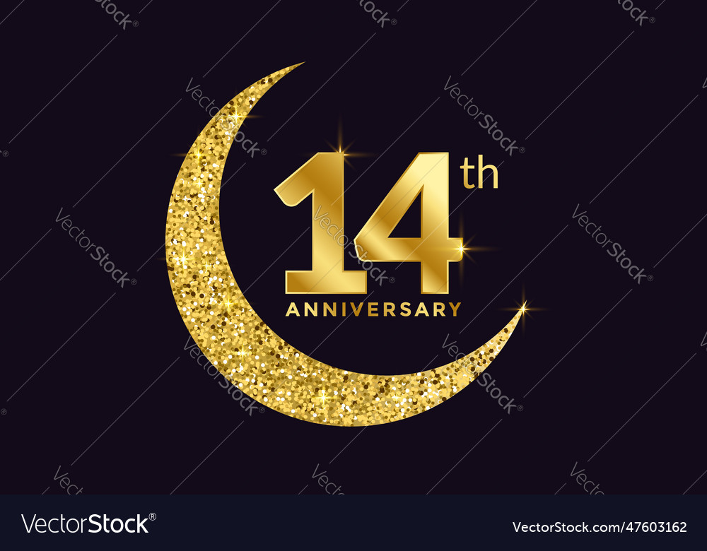 Fourteenth Anniversary Celebration Golden Emblem Vector Image