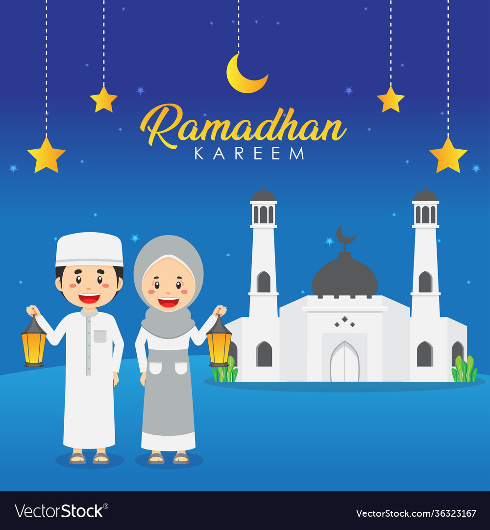 Ramadhan greeting background with character Vector Image