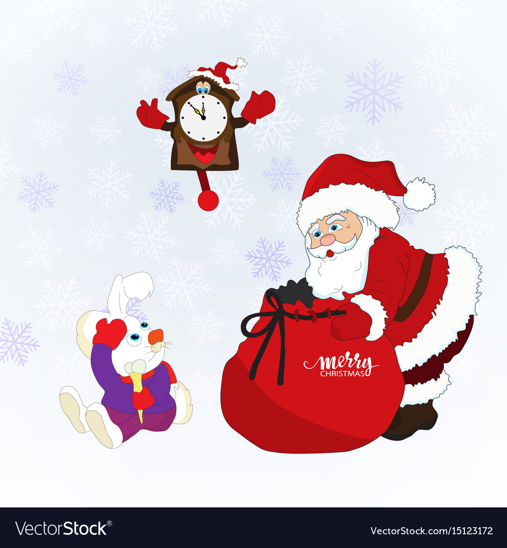 Christmas card with santa clausa rabbit clock