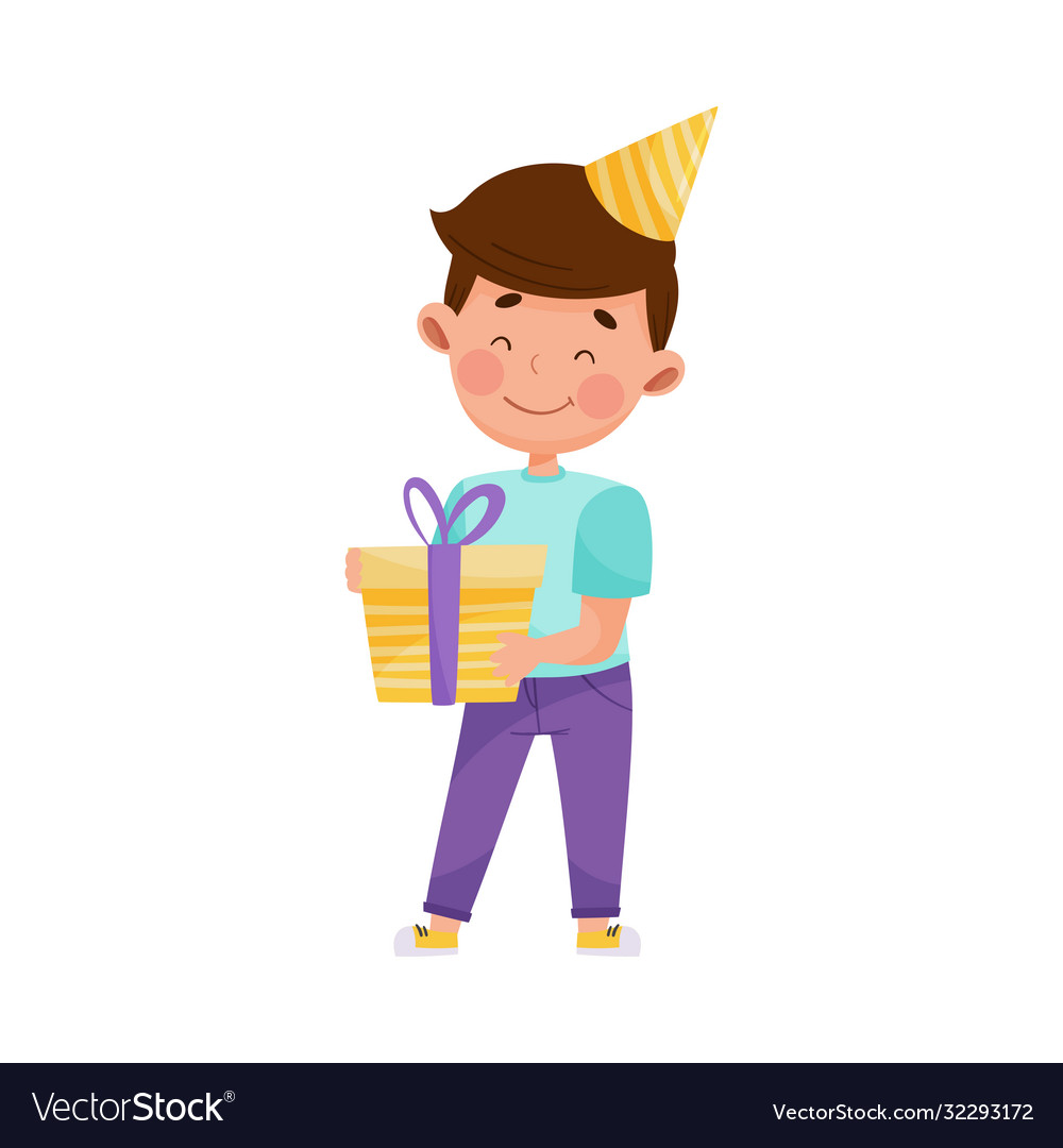 Little boy character with birthday hat holding Vector Image