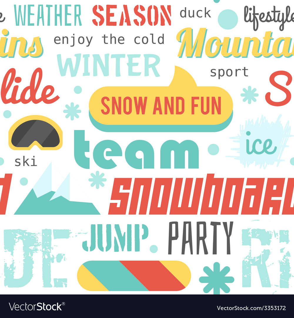 Seamless pattern with snowboarding stuff and words
