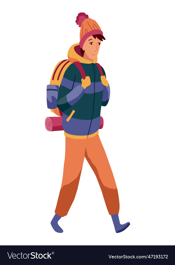 Young man walking alone cartoon backpacker Vector Image