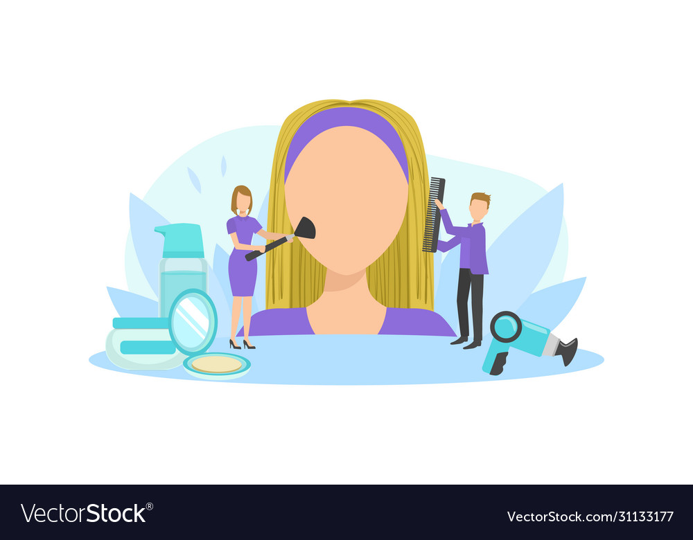 Big female faceless head and tiny people Vector Image