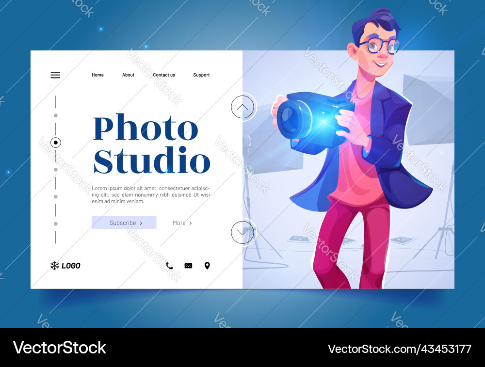 Photo studio banner with man holding camera Vector Image