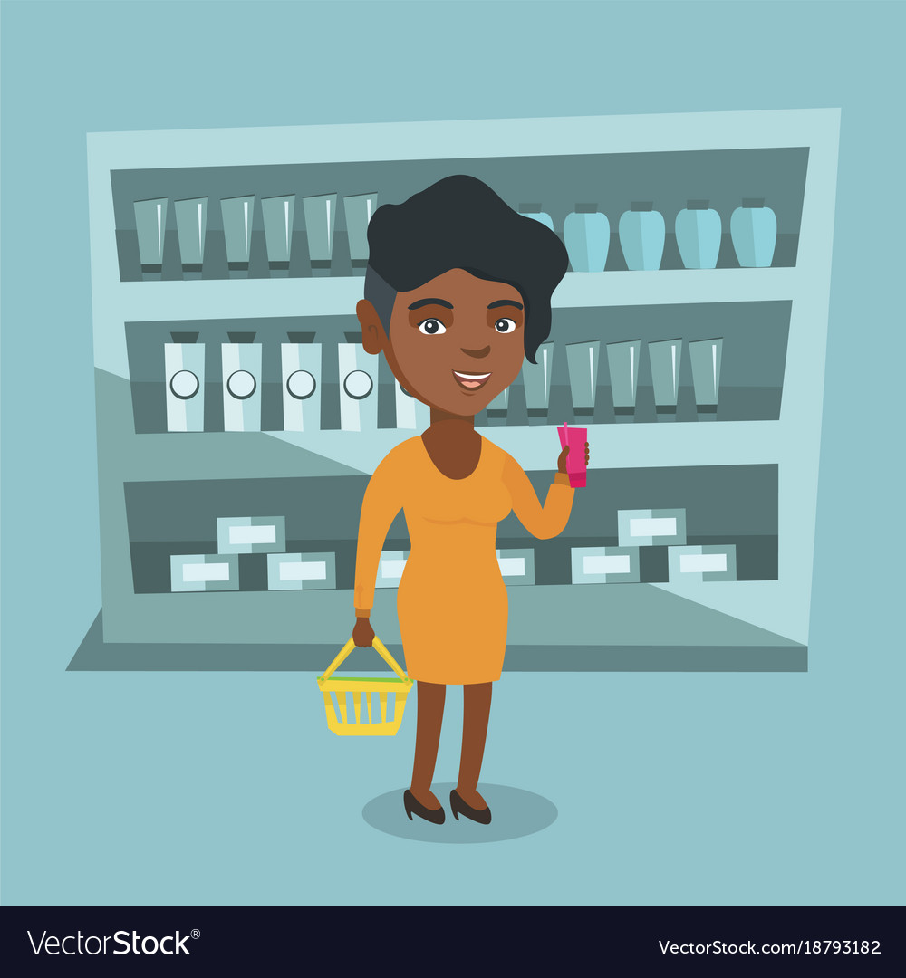 Woman holding shopping basket and a tube of cream Vector Image