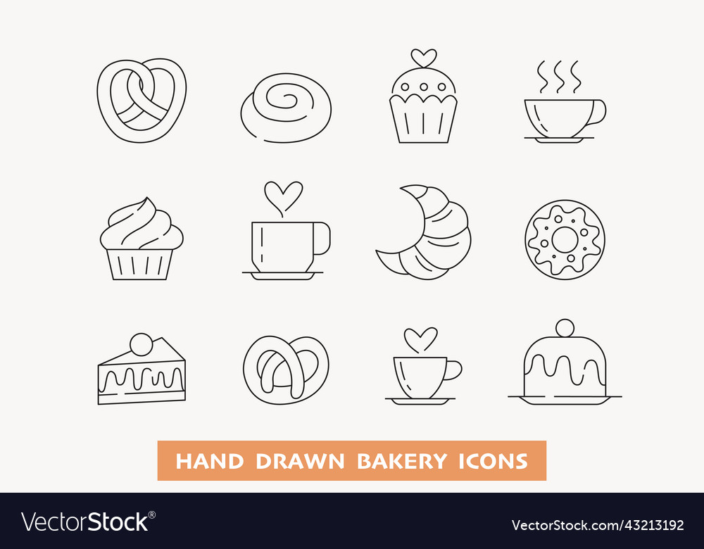 Coffee cup and pastry outline icon set vector image Coffee cup and pastry outline icon set