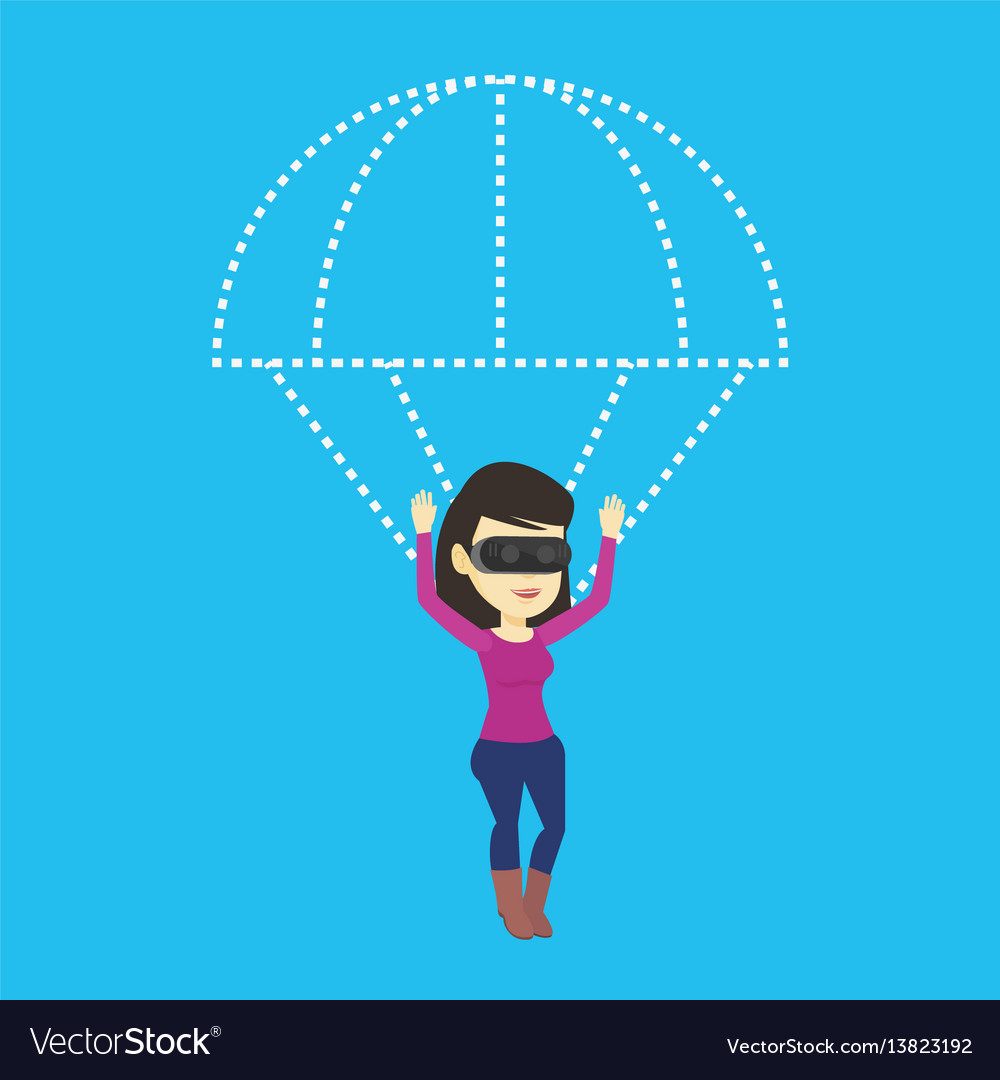 Happy woman in vr headset flying with parachute