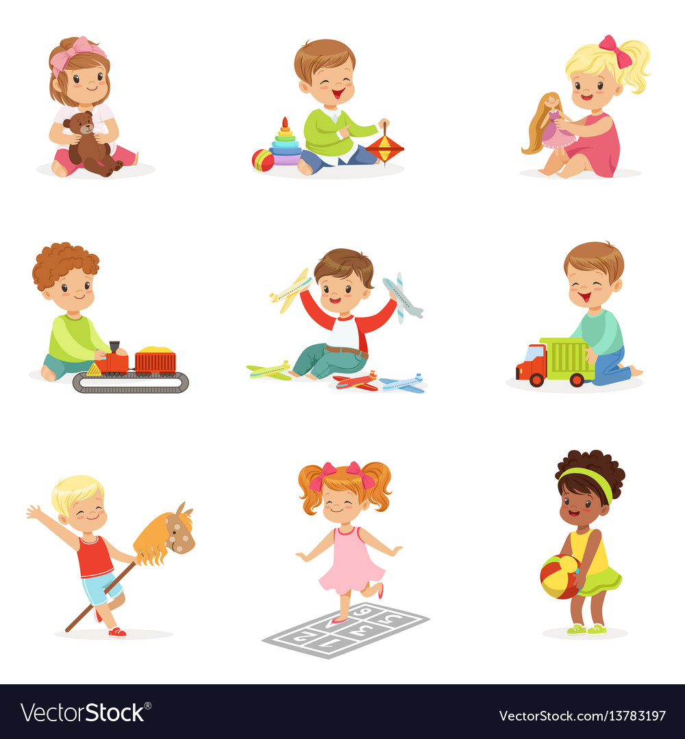 Cute children playing with different toys and Vector Image