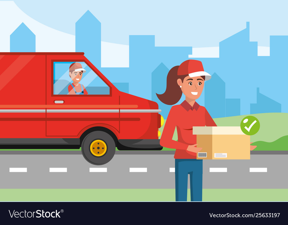 Delivery woman with package and man in van